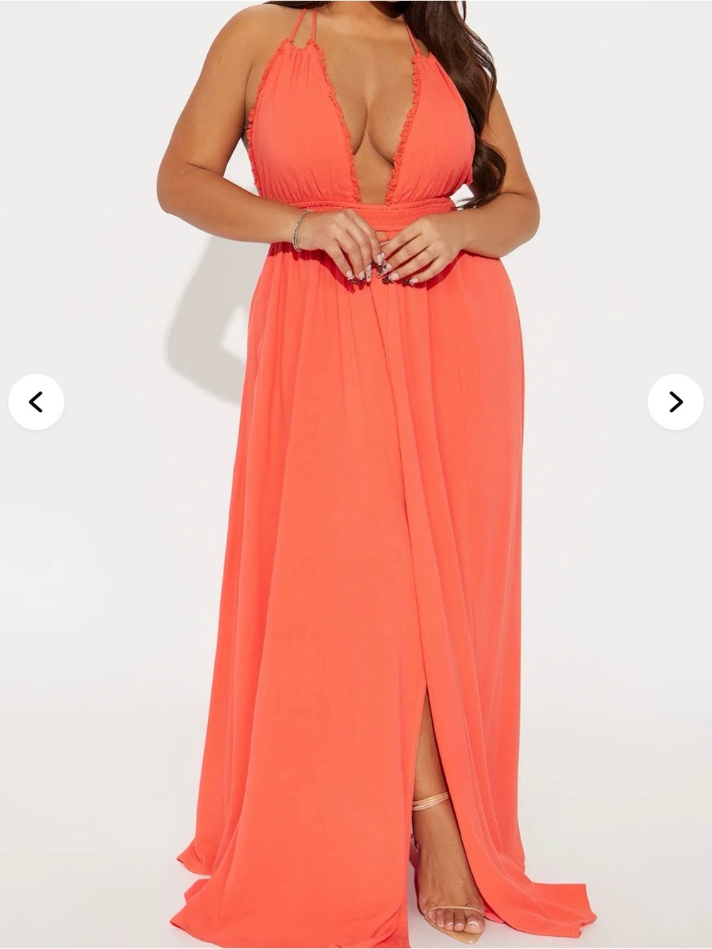 Coral Halter Plunge Maxi Dress